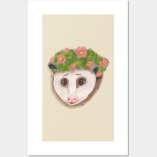 Cottage core opossum with flower crown Posters and Art